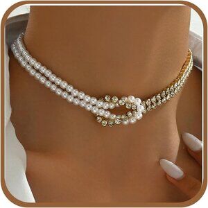 Women's Dainty Gold Pearl Necklace 14k Gold Plated Choker Necklace Simple Trendy